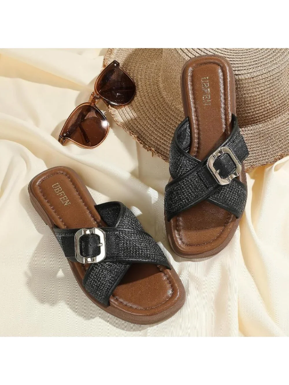 Women's Dark Black Square Toe Flat Sandals Slides Dressy Comfortable for Beach